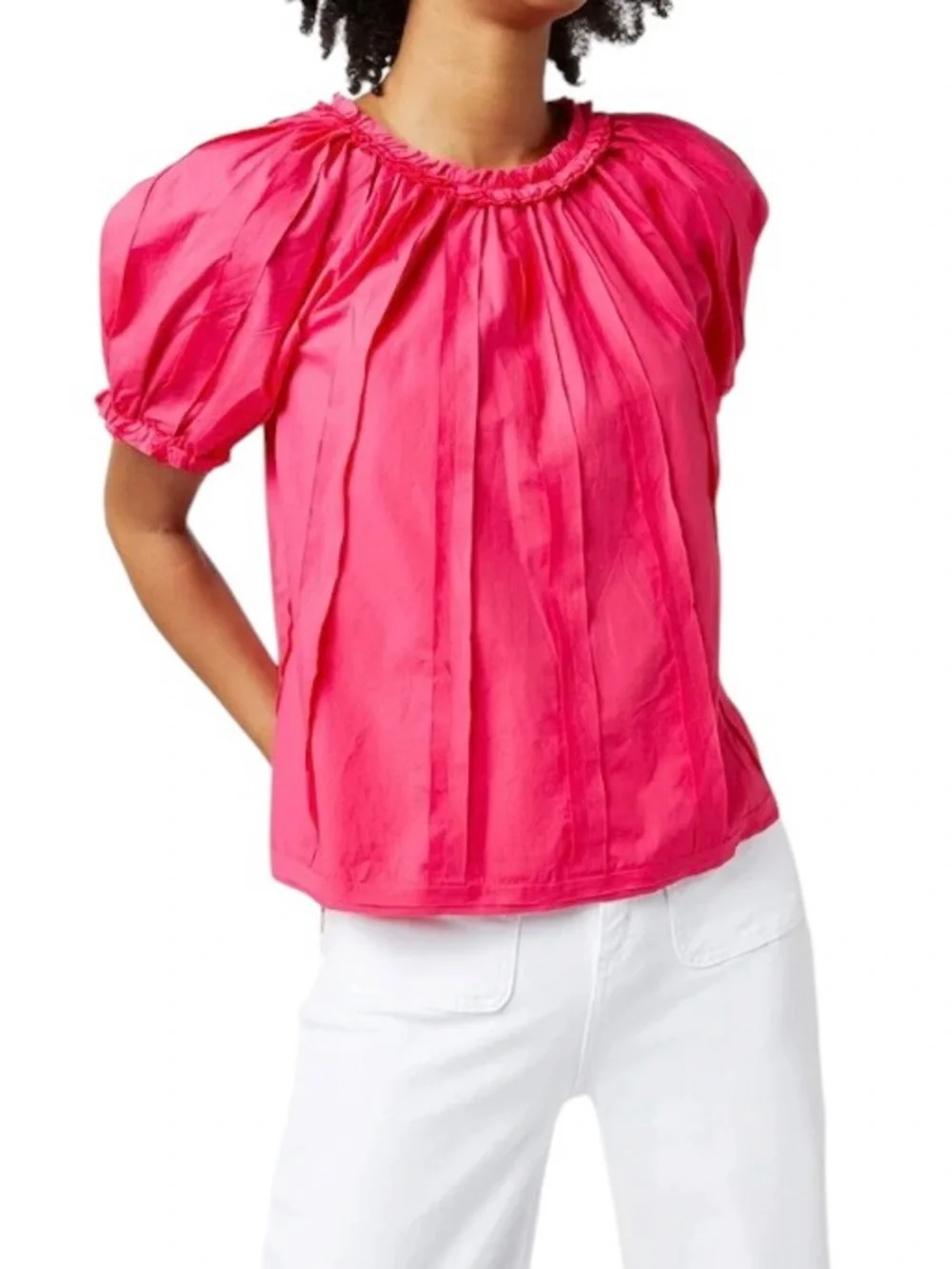Ulla Johnson Lora Cotton Pleated Detail Puff Sleeve Ruffle Top, Size 2